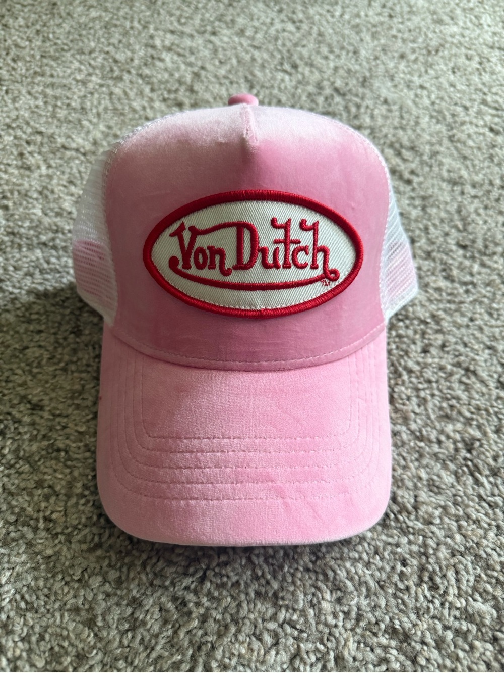 Von Dutch Pink and White Trucker Hat with Red Logo